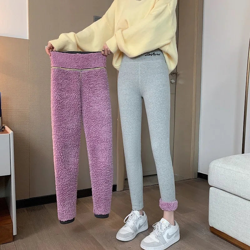 Thickened and Padded Warm Bottoms Winter Women's Outside Wear High-Waisted Peach Hip Solid Color Elastic Threaded Cotton Pants