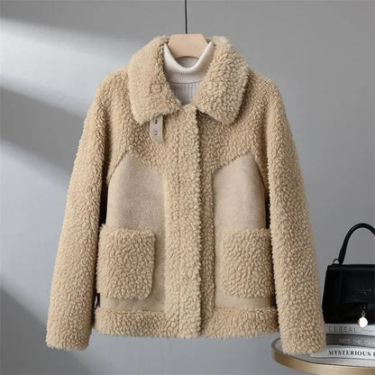 Casaco de lã de cordeiro curto feminino, jaqueta shearling granular, gola virad