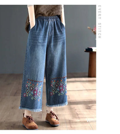 Retro National Style High Waist Embroidered Jeans Female Spring Autumn New Loose Wide-Leg Denim Trousers Women's clothing 2023