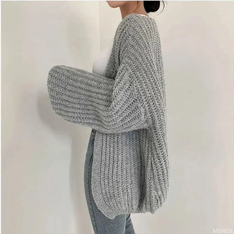 Cardigan de malha versátil casual feminino, suéter gola v, jaqueta solta, casa