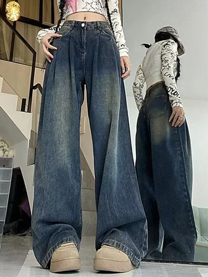 Duomofu Retro Blue Chicly Full Length Loose Straight Female Jeans Spring New Vintage Washed Fashion Distressed S-2XL Women Jeans