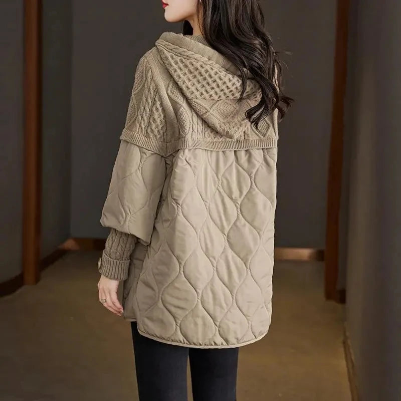 Women's Hooded Parka with Knit Accents - Slim Cotton Jacket, Stylish Winter Coat