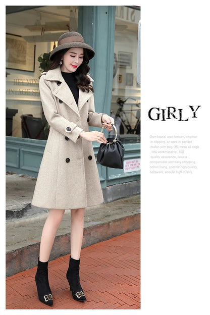 Korean Wool Blends Women Coats Lapel Double-Breasted Lined Trench Belt Ladies St