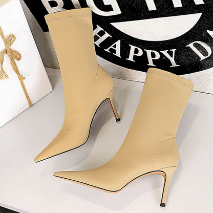 Women's Silk Sock Boots – 7.5cm/10cm Satin Pointed Toe Winter Ankle Booties in Green, Sexy Low Heels