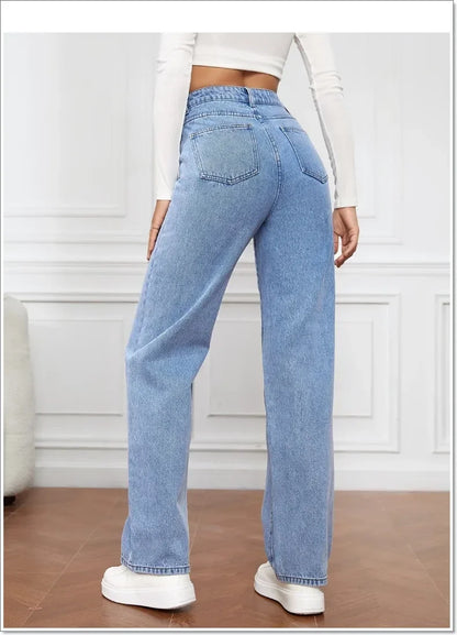 Calça jeans feminina reta de cintura alta, streetwear lavado, bolsos soltos, co