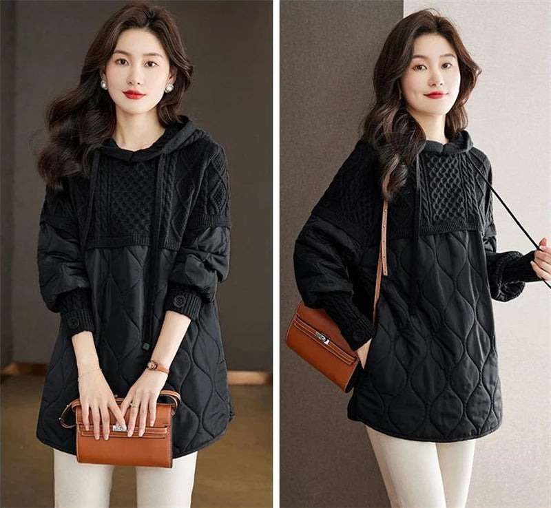 Women's Hooded Parka with Knit Accents - Slim Cotton Jacket, Stylish Winter Coat