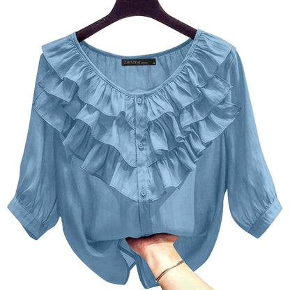 2024 ZANZEA Elegant Button-Up Blouse – Layered Ruffle Lantern Sleeve Casual Top for Women