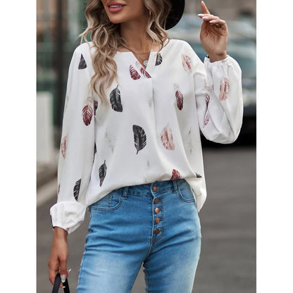 Women’s Feather-Pattern Chiffon Blouse – Elegant Long-Sleeve Fashion Top