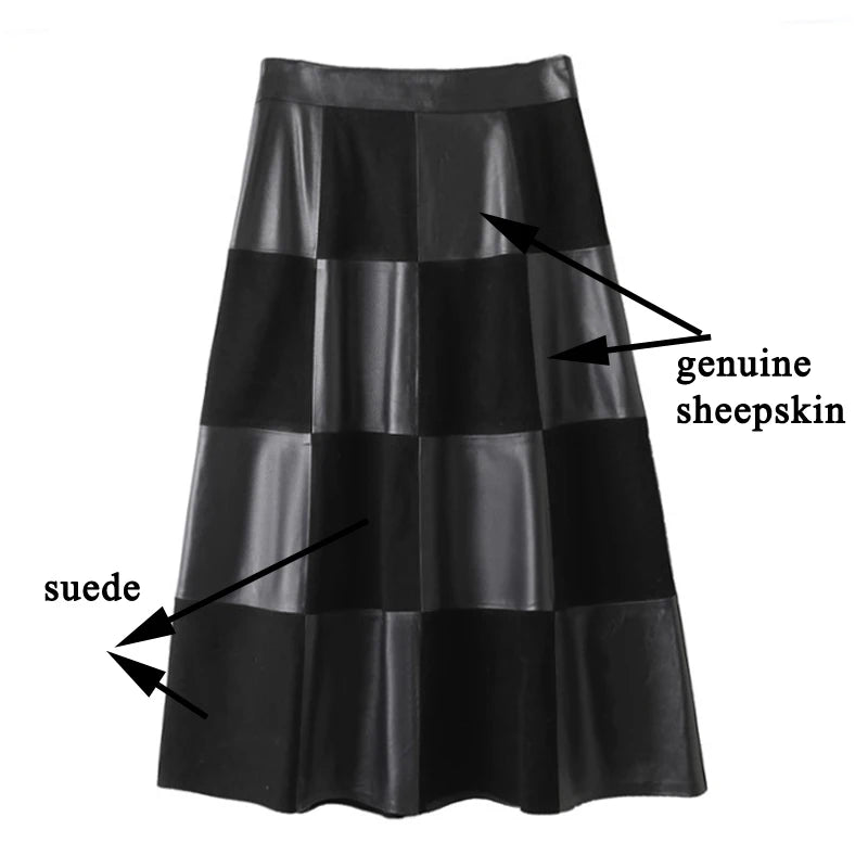 Checkered Genuine Leather Skirt for Women French Elegant Suede Leather Patchwork