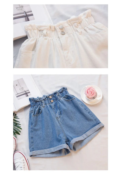 Y2k Summer Black Women Denim Shorts Women S-5XL Harem Ruffled White Blue High Waisted Shorts Female Elastic Short Jeans