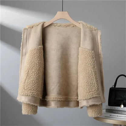 Casaco de lã de cordeiro curto feminino, jaqueta shearling granular, gola virad