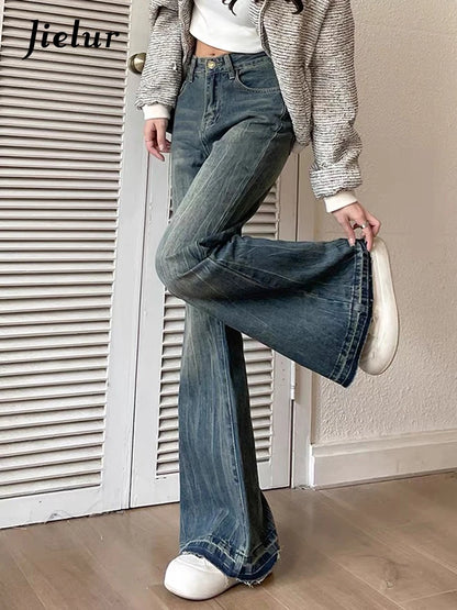 Jielur Fashion Slim Casual Vintage Blue Women‘s Jeans Winter American Style Chic Office Ladies Pockets Basic Female Flare Pants