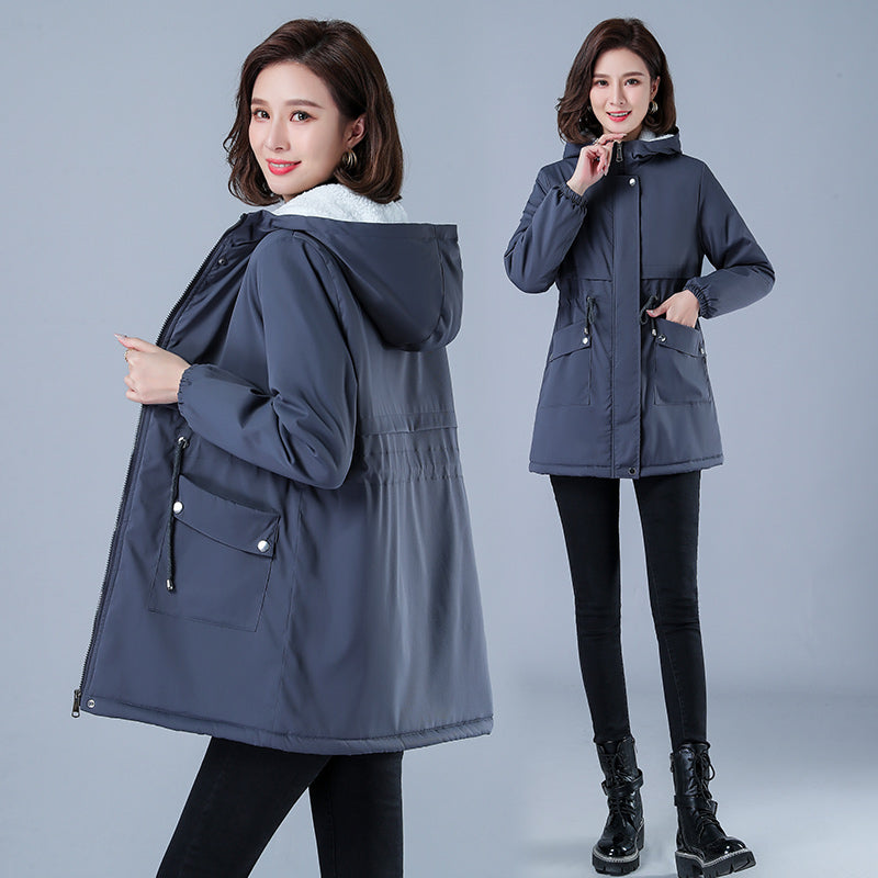 Women's Casual Cotton Parka with Fleece Lining, Hooded Trench Coat, Warm Puffer Jacket, Winter Outerwear