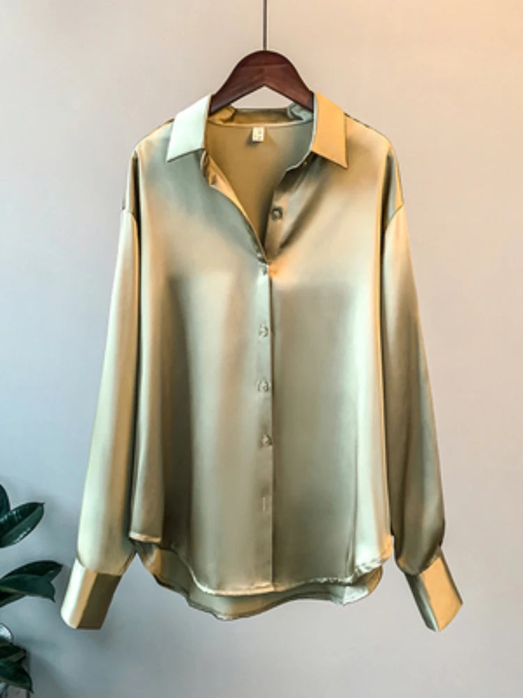 2023 Autumn Satin Overshirt – Elegant Korean-Style, Luxury Designer Long-Sleeve Office Blouse for Women