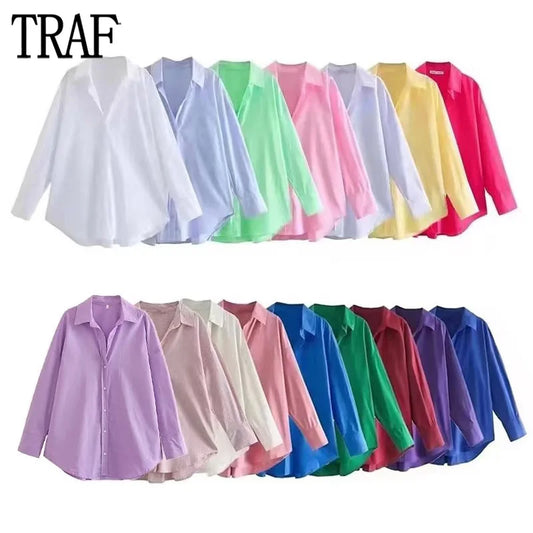 TRAF Women's Multicolor Oversized Button-Up Shirt – Trendy Long Sleeve Summer Streetwear Blouse