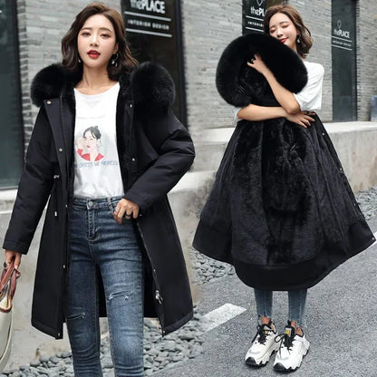 Women's Wool Hooded Jacket with Faux Fur Collar, Long Coat, Thick Warm Winter Snow Parka, Fashionable 2024 Winter Coat