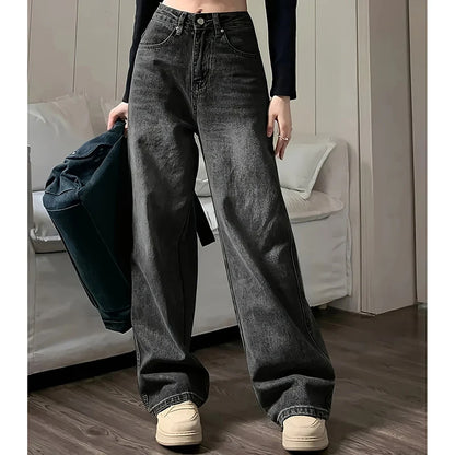 Calças femininas de cintura alta de perna larga, jeans feminino solto, calças