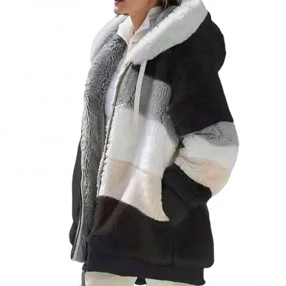 Women's Faux Fur Parka, Fall & Winter Long Sleeve, Color Block Zipper Hooded Coat, Warm and Cozy