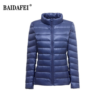 Parka para baixo empacotável feminina, jaqueta puffer empacotável, casaco casu