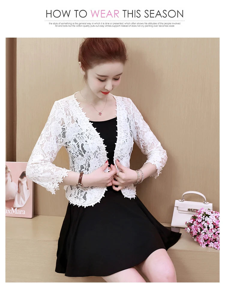 2022 Autumn Lace Beaded Hollow Sunscreen Cardigan Elegant Short S-4XL Large Size