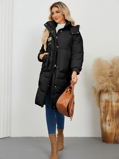 Autumn Winter Women’s Padded Jacket Stand Collar Wide-Waisted Hooded Long Coat