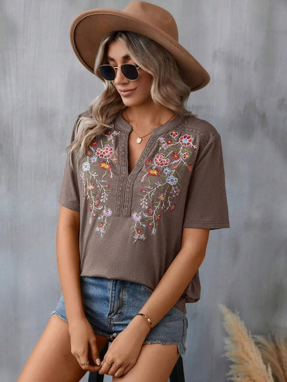 Vintage Summer V-Neck Lace Blouse – Casual Embroidered Loose Top for Vacation & Everyday Wear