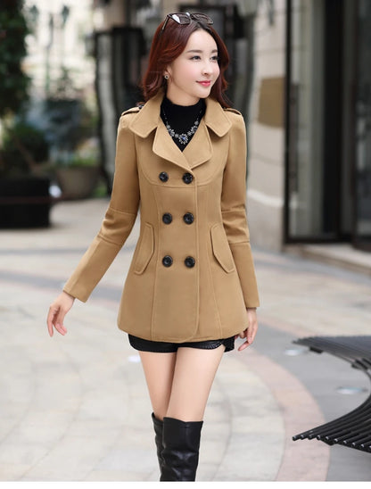 Autumn Winter Women Double Breasted Woolen Coat Solid Color Lapel Slim Fit Short