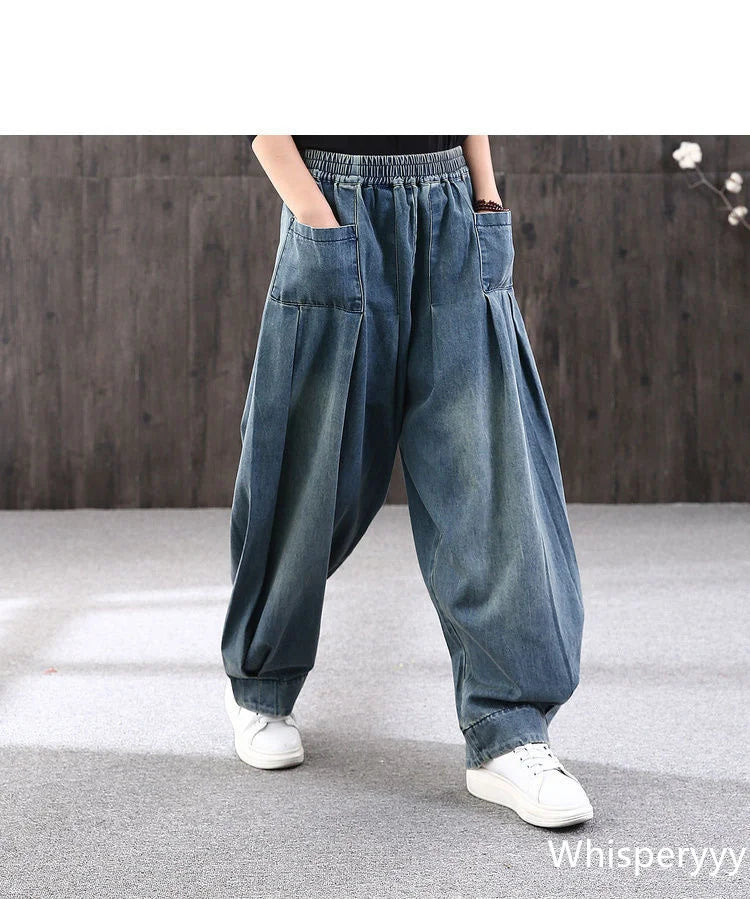 2023 New Loose Large Size Denim Wide Leg Haren Pants Female Art With Chinese Style Casual Sagging Jeans Bloomers Woman Clothing