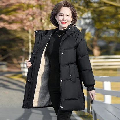 Monochrome Hooded Cotton Padded Parka for Middle-Aged and Grandmother, Long Coat with Fleece, Warm and Loose Fit, Winter Snow Coat