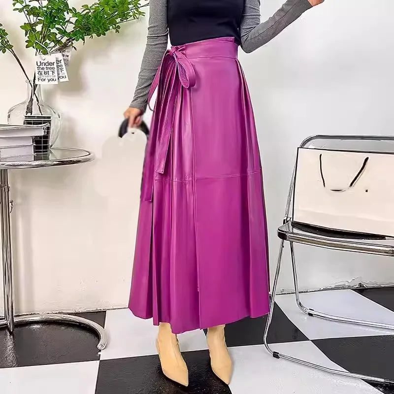 Chinese Style Vintage Women Lace Up High Waist Ankle Length Long Pleated Skirt E