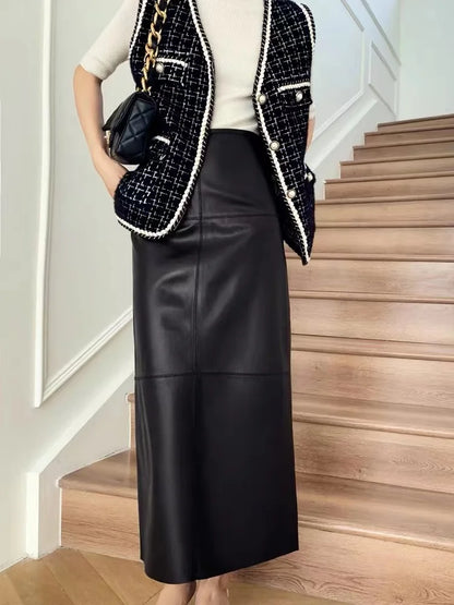 2023 Autumn/Winter Women Leather Maxi Skirt Feminino High End Vintage Back Split