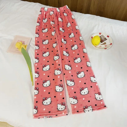 Hello Kitty Pijama de flanela feminina, calça de lã quente, anime kawaii, pret