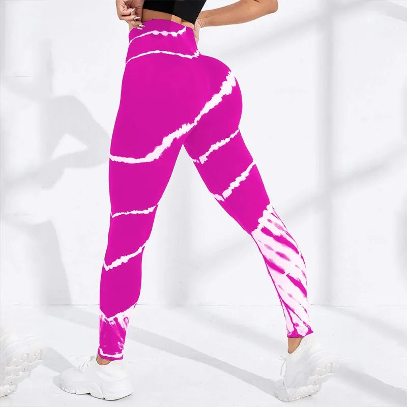 Striped Tie Dye Yoga Leggings Seamless Butt Lift Fitness Leggings High Waist Knit Breathe Gym Workout Running Tights Pants