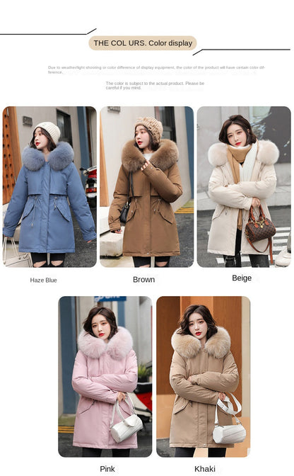 Women's Fine Wool Parka with Hood and Fur Collar, Warm Snowy Quilted Long Coat, Fashion Winter Outerwear 2023