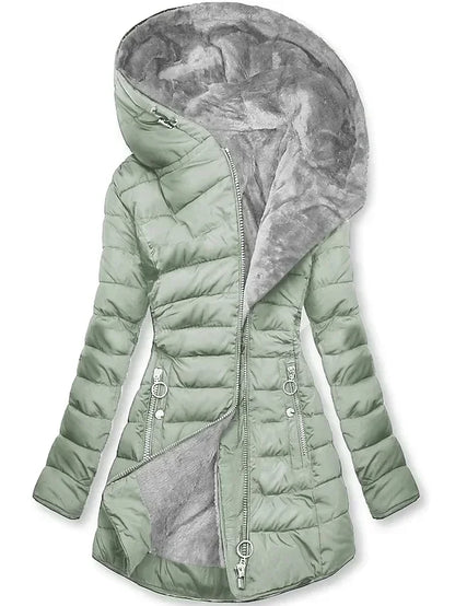 Women's Quilted Cotton Jacket with Zipper - Warm Faux Fur Collar Parka, Hooded Coat, Long Sleeve Trendy Winter Wear