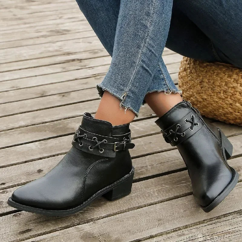 2024 Women's PU Leather Ankle Boots – New Autumn/Winter Short Booties with Side Zipper, Thick Heels & Rivet Detail (Plus Sizes Available)