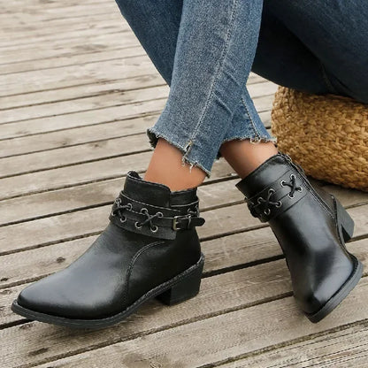 2024 Women's PU Leather Ankle Boots – New Autumn/Winter Short Booties with Side Zipper, Thick Heels & Rivet Detail (Plus Sizes Available)