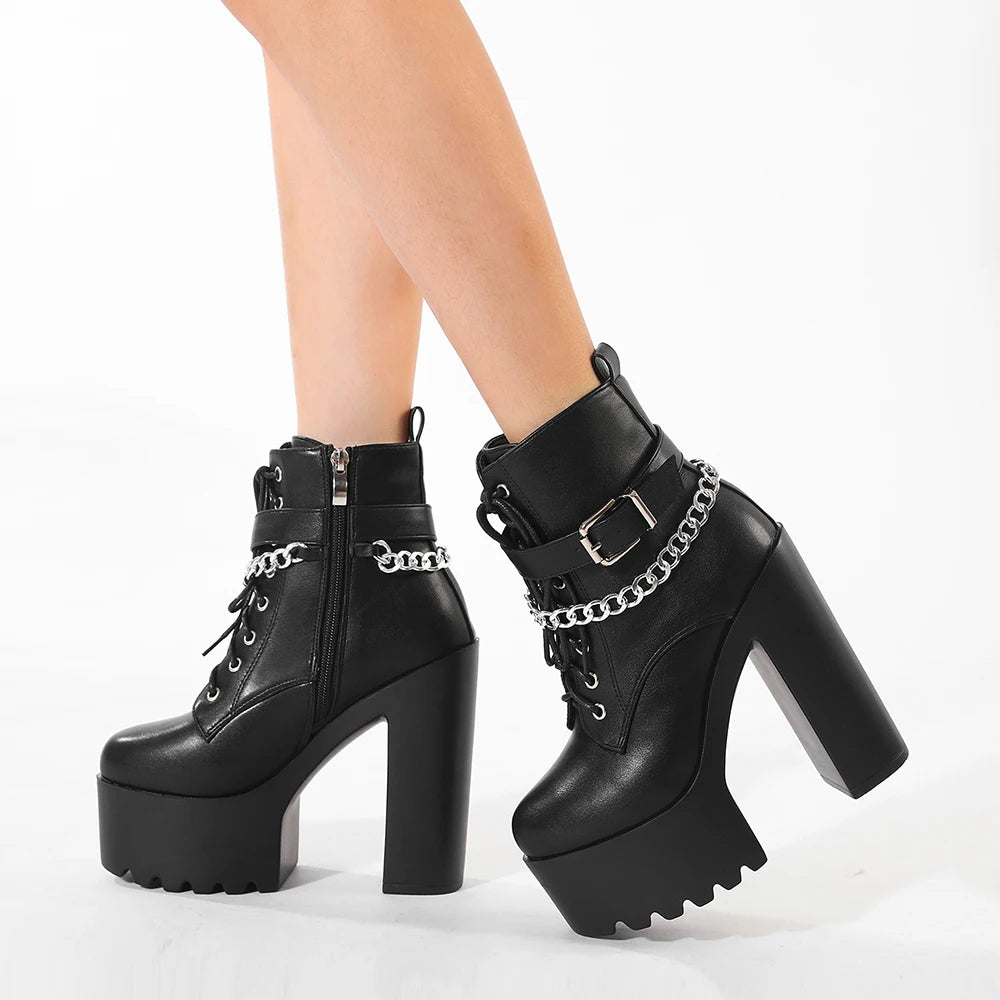 Women's Chain-Embellished Block Heel Boots – Fashionable Lace-Up, Side Zipper Platform Ankle Booties with High Heels