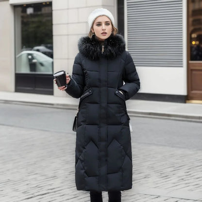 Women's Winter Parka Long Coat 2024 New Thickened Hooded Fur Collar Jacket, Warm Zipper Snow Coat, Padded Outerwear for Women