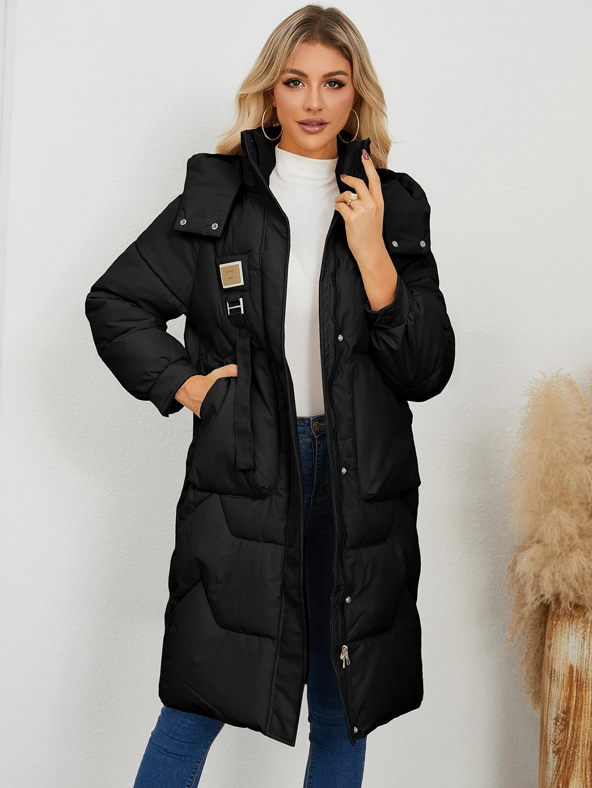 Autumn Winter Women’s Padded Jacket Stand Collar Wide-Waisted Hooded Long Coat