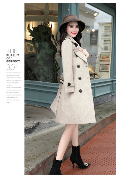 Korean Wool Blends Women Coats Lapel Double-Breasted Lined Trench Belt Ladies St