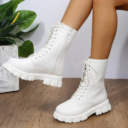 2024 Women's PU Leather Motorcycle Ankle Boots – White Chunky Heel Platform Booties for Autumn & Winter