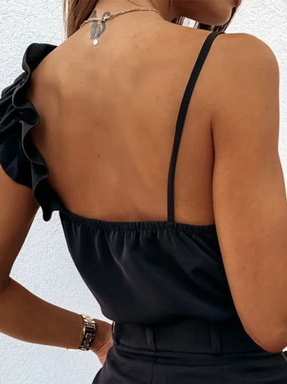 Women's Summer Blouse – Sexy V-Neck Ruffle Backless Spaghetti Strap Top for Office & Casual Wear