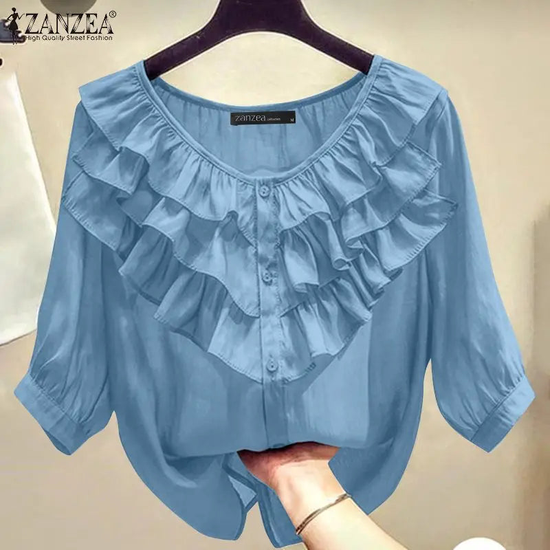 2024 ZANZEA Elegant Button-Up Blouse – Layered Ruffle Lantern Sleeve Casual Top for Women