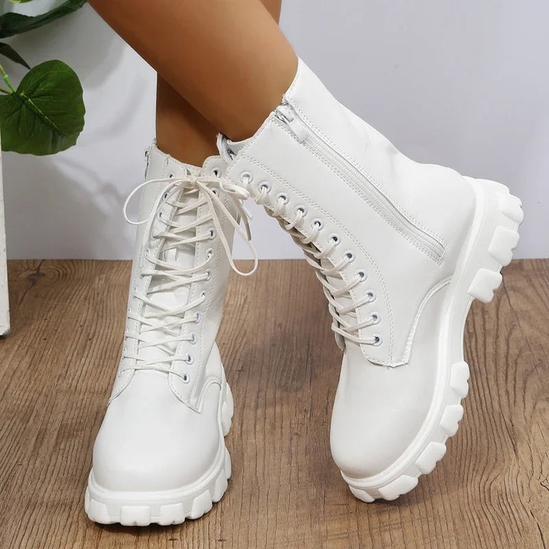 2024 Women's PU Leather Motorcycle Ankle Boots – White Chunky Heel Platform Booties for Autumn & Winter