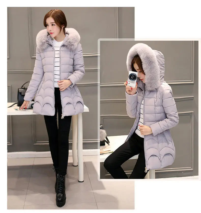 Women's Winter Jacket Parka, Large Faux Fur Collar with Hood, Thick Warm Coat, Casual Women's Outerwear, European Fashion, Black, Tops -30°C