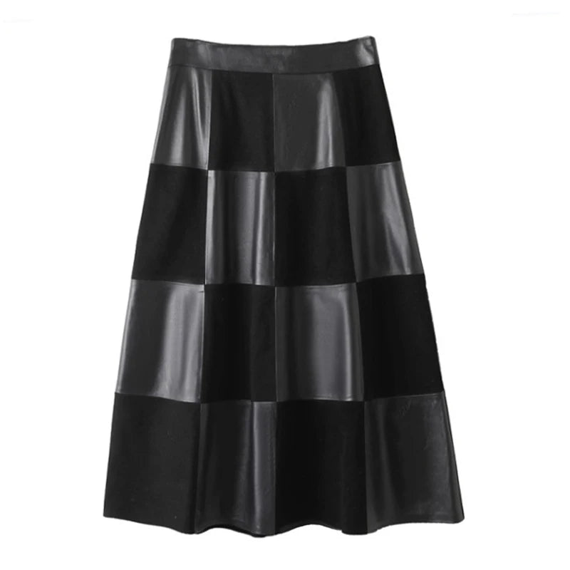 Checkered Genuine Leather Skirt for Women French Elegant Suede Leather Patchwork