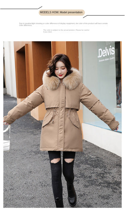 Women's Fine Wool Parka with Hood and Fur Collar, Warm Snowy Quilted Long Coat, Fashion Winter Outerwear 2023