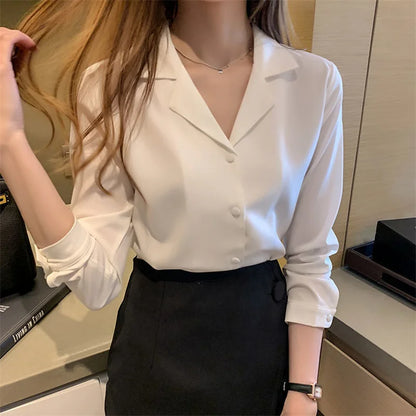 2024 Women's Long Sleeve Notched Collar Blouse – Elegant Spring & Autumn Office Wear Top (WY1003)