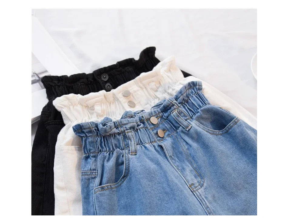 Y2k Summer Black Women Denim Shorts Women S-5XL Harem Ruffled White Blue High Waisted Shorts Female Elastic Short Jeans